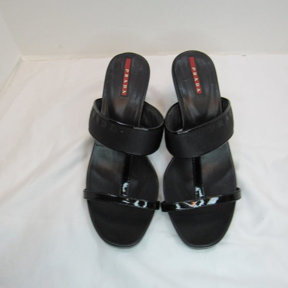 Prada Black T Strap Strappy Wedge Sandals Heels Made in Italy 6.5 US - Picture 3 of 10